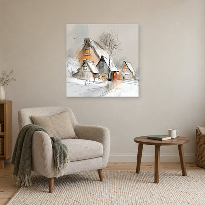 Three Thatched Roofs and a Tree canvas wall art above a cream armchair and round wooden side table