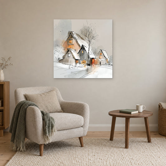 Three Thatched Roofs and a Tree canvas wall art above a cream armchair and round wooden side table