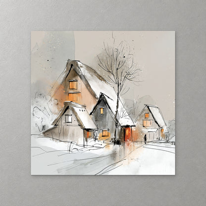 Three steep thatched roofs with glowing windows sit in the snow beside a bare tree, in soft grey, peach and orange washes — canvas wall art print