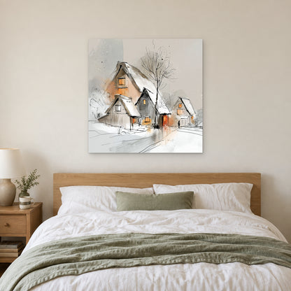 Three Thatched Roofs and a Tree canvas wall art above a bed with white linens and a sage throw