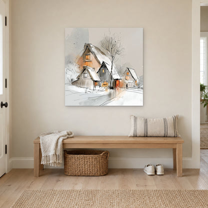 Three Thatched Roofs and a Tree canvas wall art above a wooden entryway bench with a woven basket