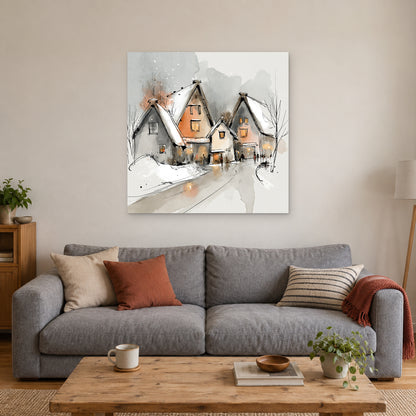 Lit Windows in the Snowfall canvas wall art above a grey sofa with rust and striped cushions