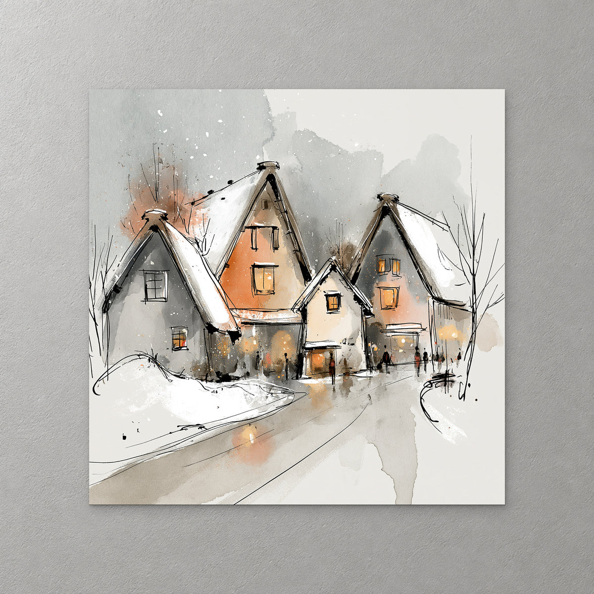 Steep snow-covered gables with glowing amber windows line a snowy lane, drawn in loose black ink with soft grey and peach washes — canvas wall art print