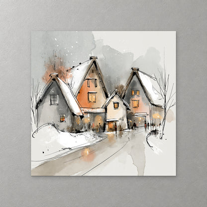 Steep snow-covered gables with glowing amber windows line a snowy lane, drawn in loose black ink with soft grey and peach washes — canvas wall art print