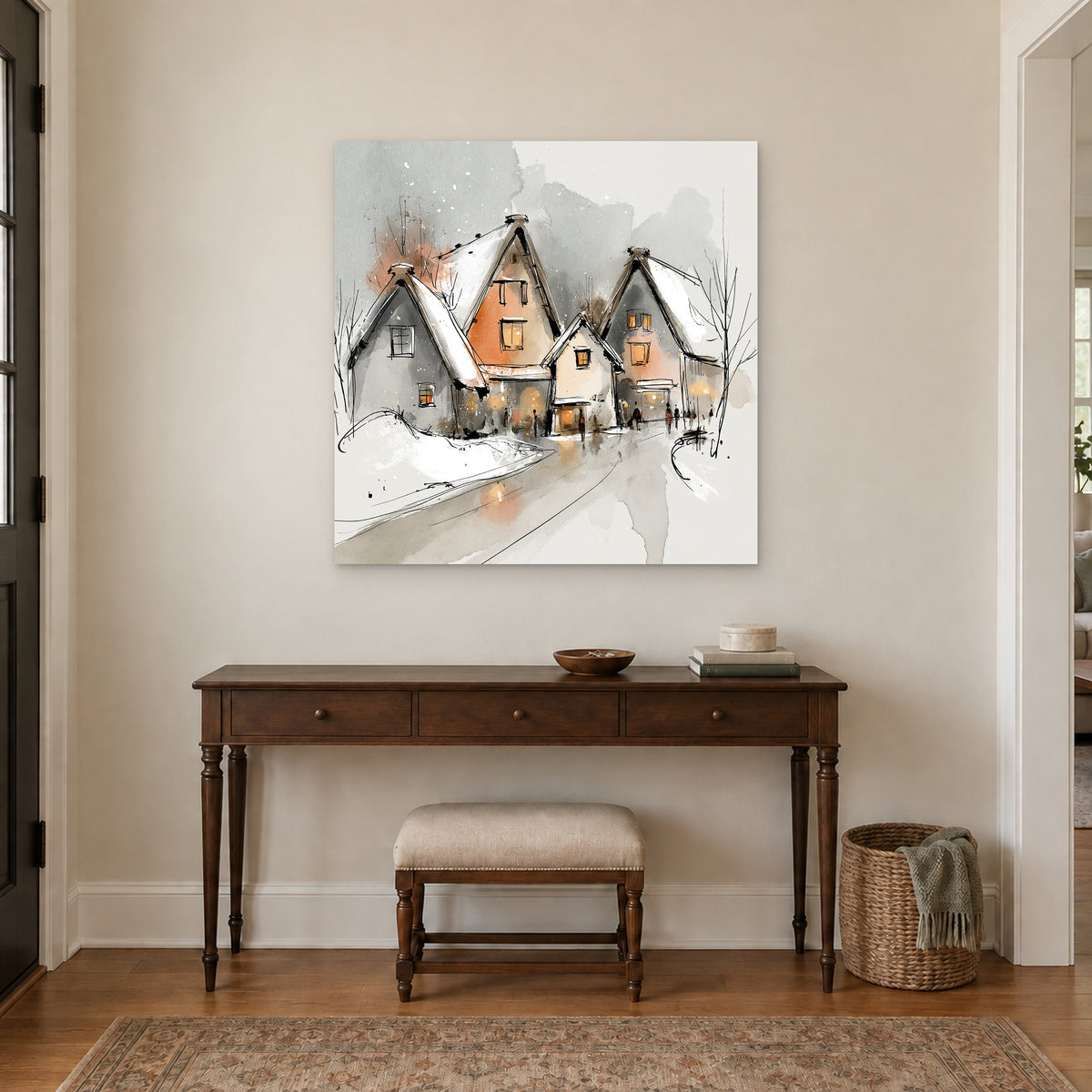 Lit Windows in the Snowfall canvas wall art above a dark wood console table and upholstered bench in an entryway