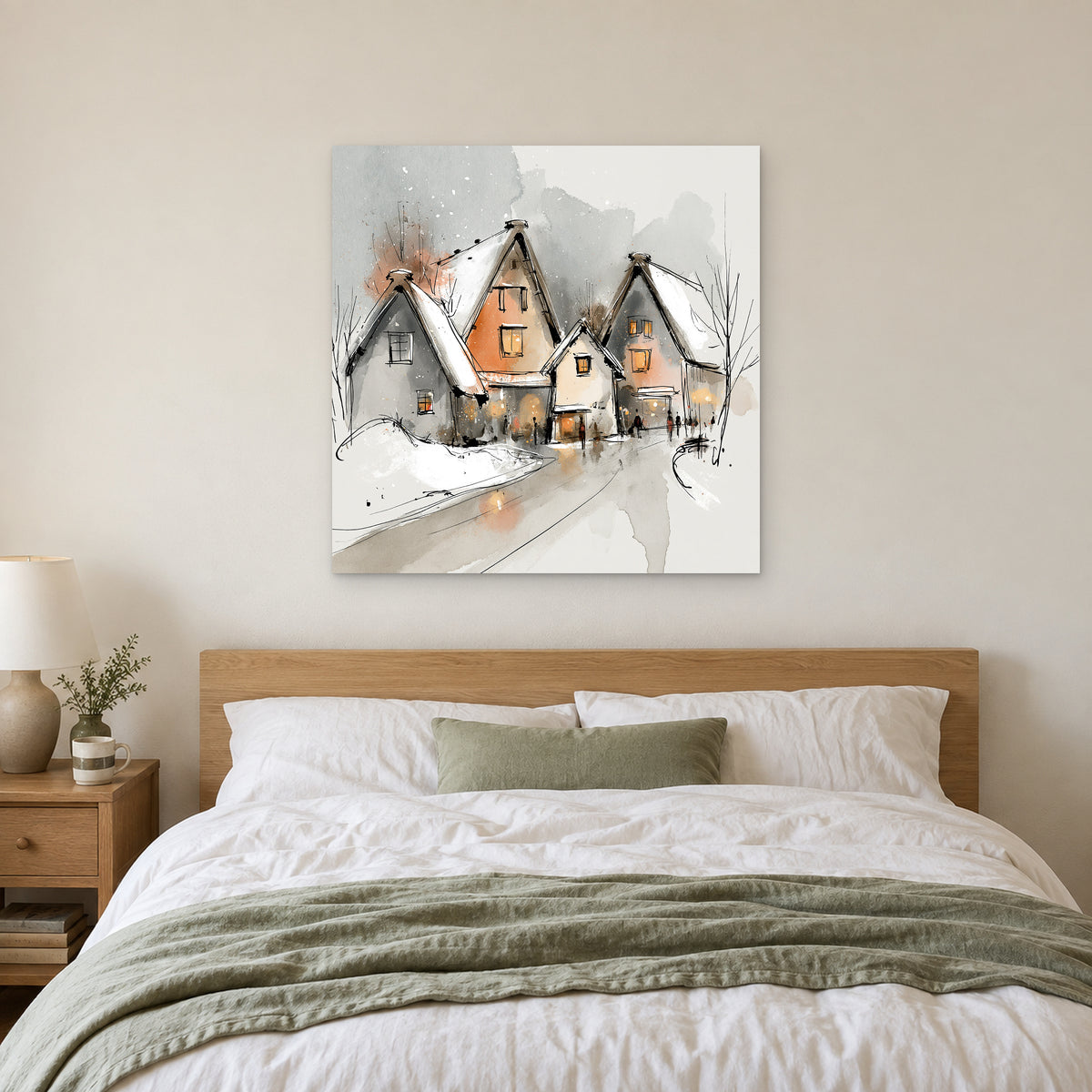 Lit Windows in the Snowfall canvas wall art above a bed with white linens and a sage throw