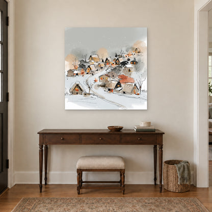 Snowy Hillside Village Ink Sketch canvas wall art above a dark wood console table and upholstered bench in an entryway