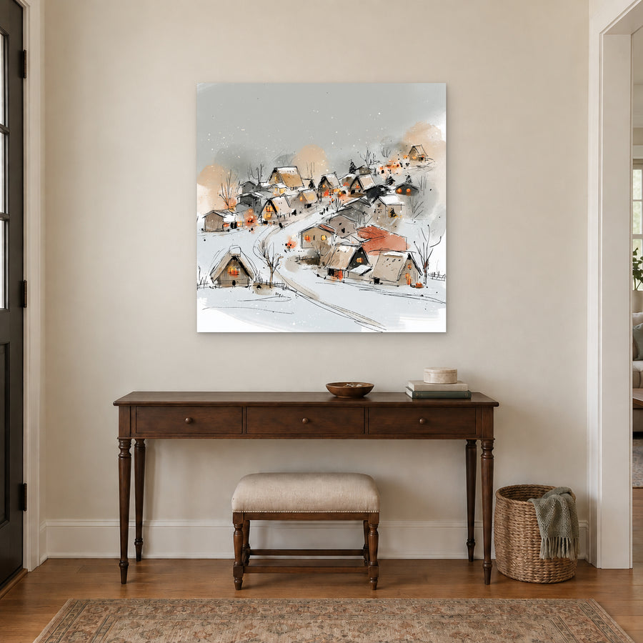 Snowy Hillside Village Ink Sketch canvas wall art above a dark wood console table and upholstered bench in an entryway