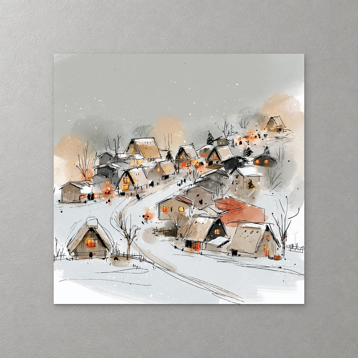 A snowy hillside village of small houses with warm lit windows and red roofs, a path winding down through the snow, drawn in loose ink — canvas wall art print