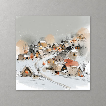 A snowy hillside village of small houses with warm lit windows and red roofs, a path winding down through the snow, drawn in loose ink — canvas wall art print