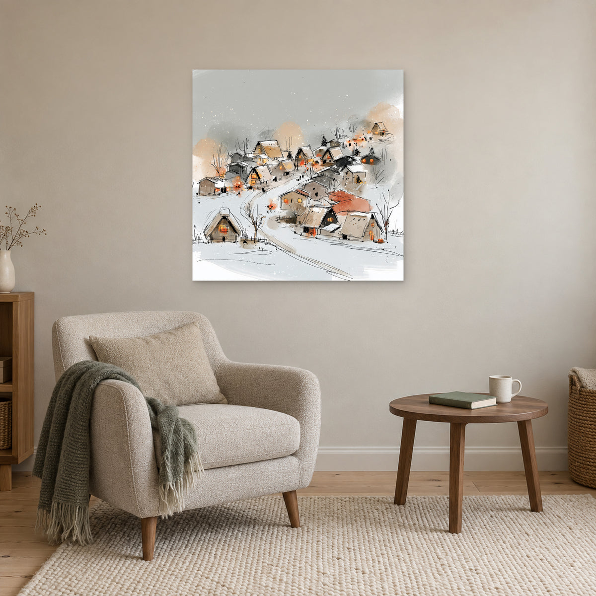 Snowy Hillside Village Ink Sketch canvas wall art above a cream armchair and round wooden side table