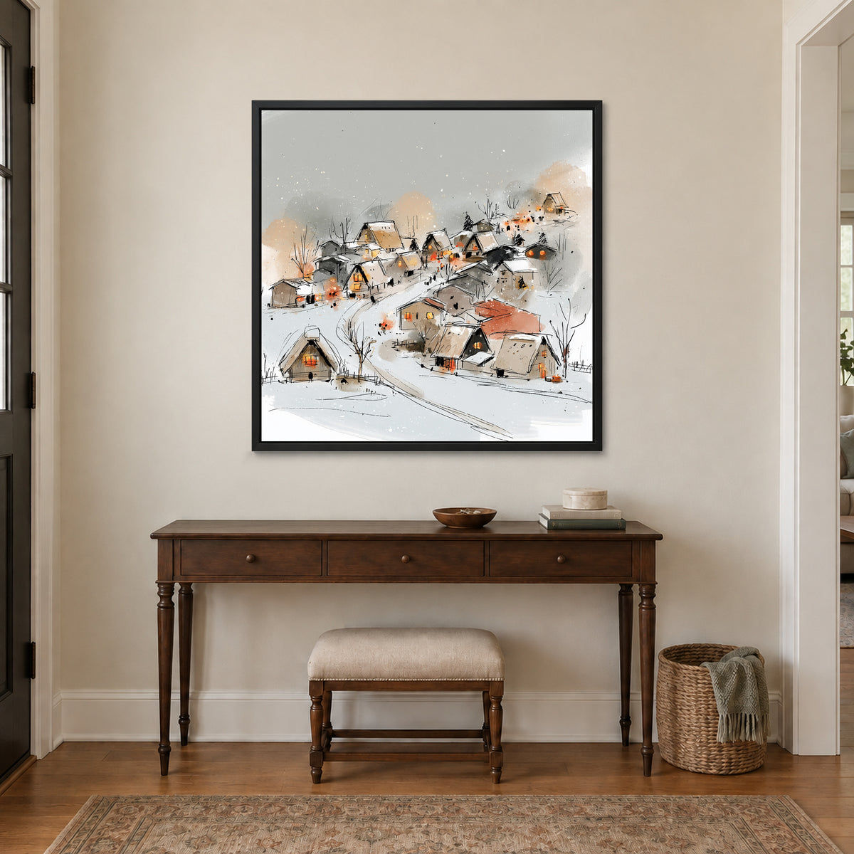 Snowy Hillside Village Ink Sketch framed canvas in a black floating frame above a dark wood console table and upholstered bench