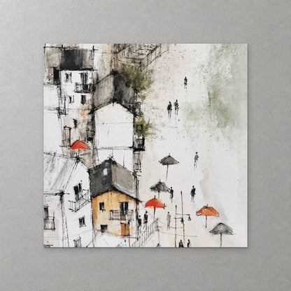 White Sicilian houses stack up on the left with orange parasols and small figures on a pale square below, drawn in pen with soft sage and ochre wash — canvas wall art print