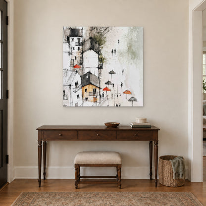 Sicilian Hill Town Pen and Wash canvas wall art above a dark wood console table and upholstered bench in an entryway