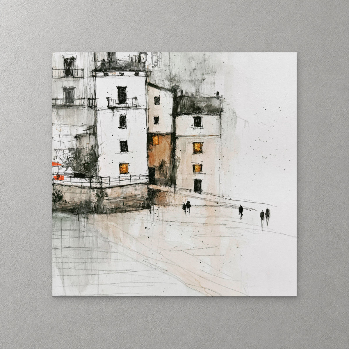 Tall white and ochre houses stand above a quay with small figures walking along the water, drawn in pencil and ink with soft wash — canvas wall art print