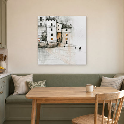 Sicilian Quay in Pencil and Ink canvas wall art above a green banquette and wooden table in a breakfast nook