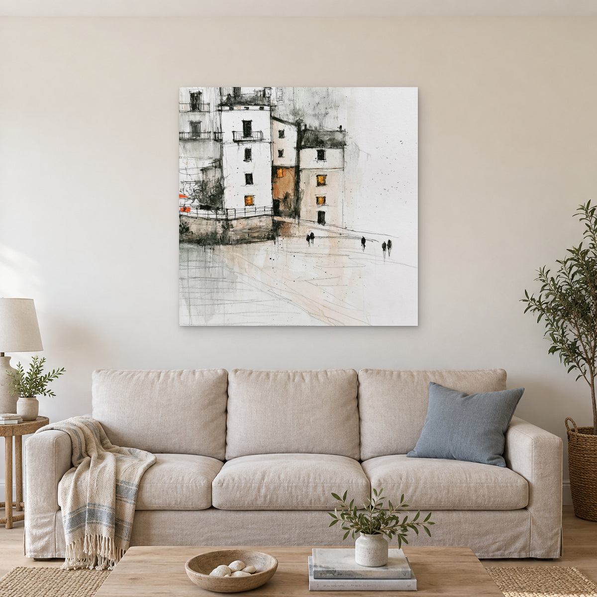 Sicilian Quay in Pencil and Ink canvas wall art above a linen sofa with a blue cushion in a bright living room