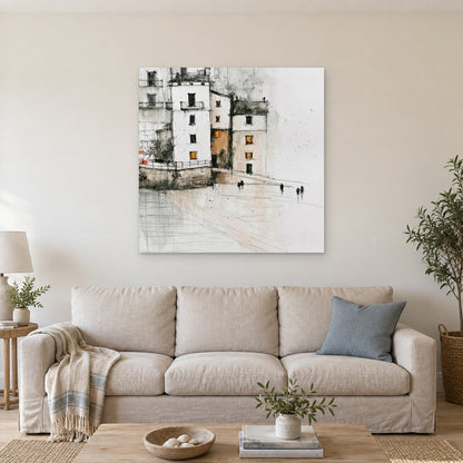 Sicilian Quay in Pencil and Ink canvas wall art above a linen sofa with a blue cushion in a bright living room