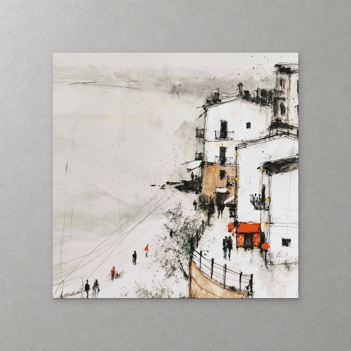 White cliff houses with a red awning look down on a wide pale beach where small figures walk, drawn in loose ink and wash — canvas wall art print