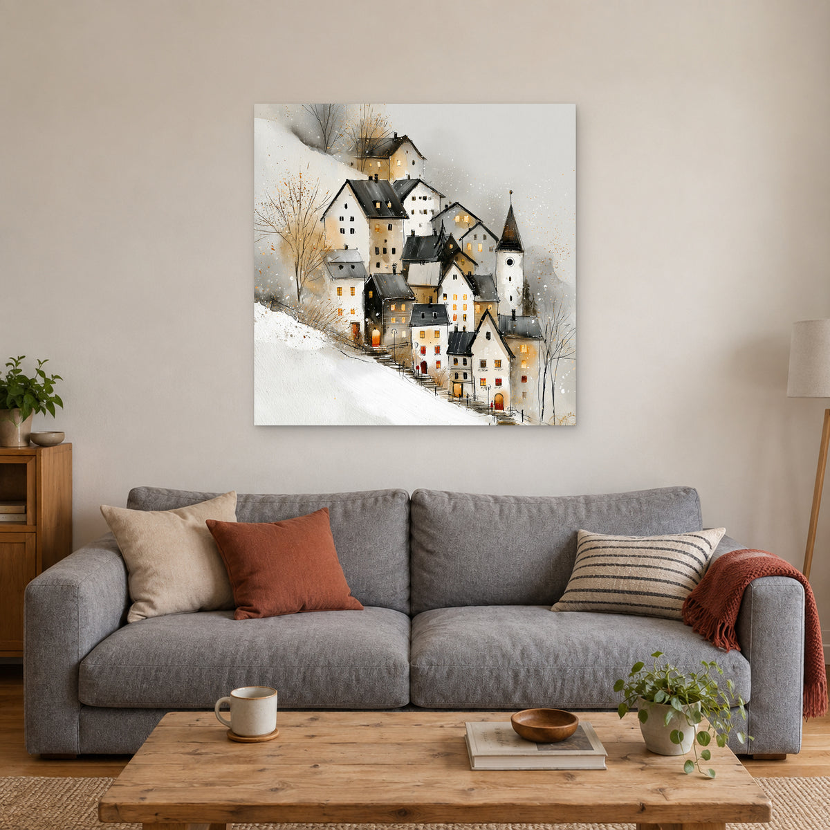 Zermatt Clock Tower in Snowfall canvas wall art above a grey sofa with rust and striped cushions