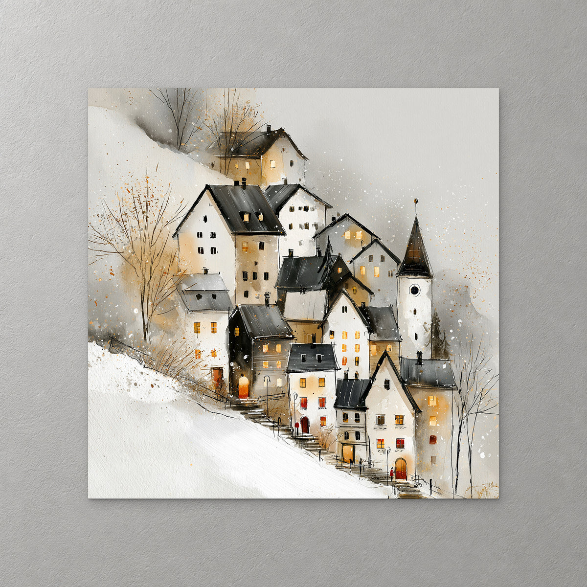 White and ochre houses with dark roofs and a pointed clock tower climb a snowy hillside, with warm windows and gold-leaved trees — canvas wall art print