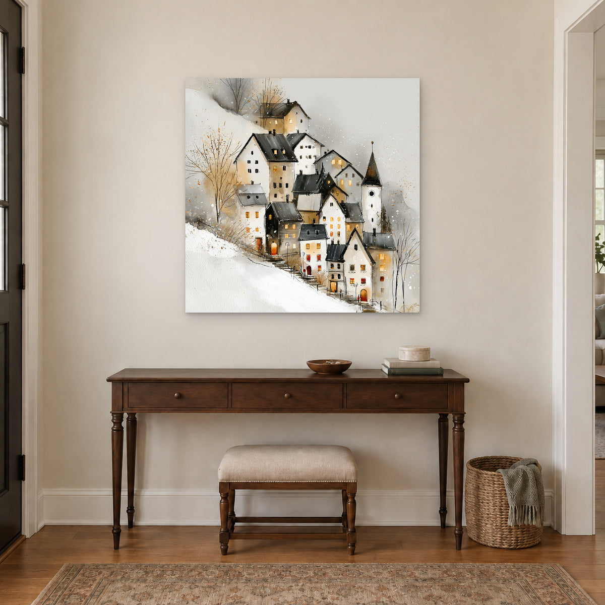 Zermatt Clock Tower in Snowfall canvas wall art above a dark wood console table and upholstered bench in an entryway