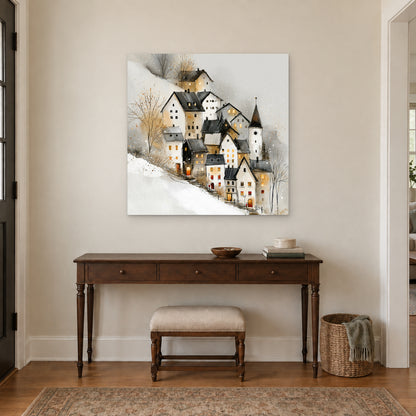 Zermatt Clock Tower in Snowfall canvas wall art above a dark wood console table and upholstered bench in an entryway