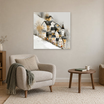 Zermatt Clock Tower in Snowfall canvas wall art above a cream armchair and round wooden side table