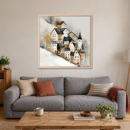 Zermatt Clock Tower in Snowfall framed canvas in a natural wood floating frame above a grey sofa with rust and striped cushions