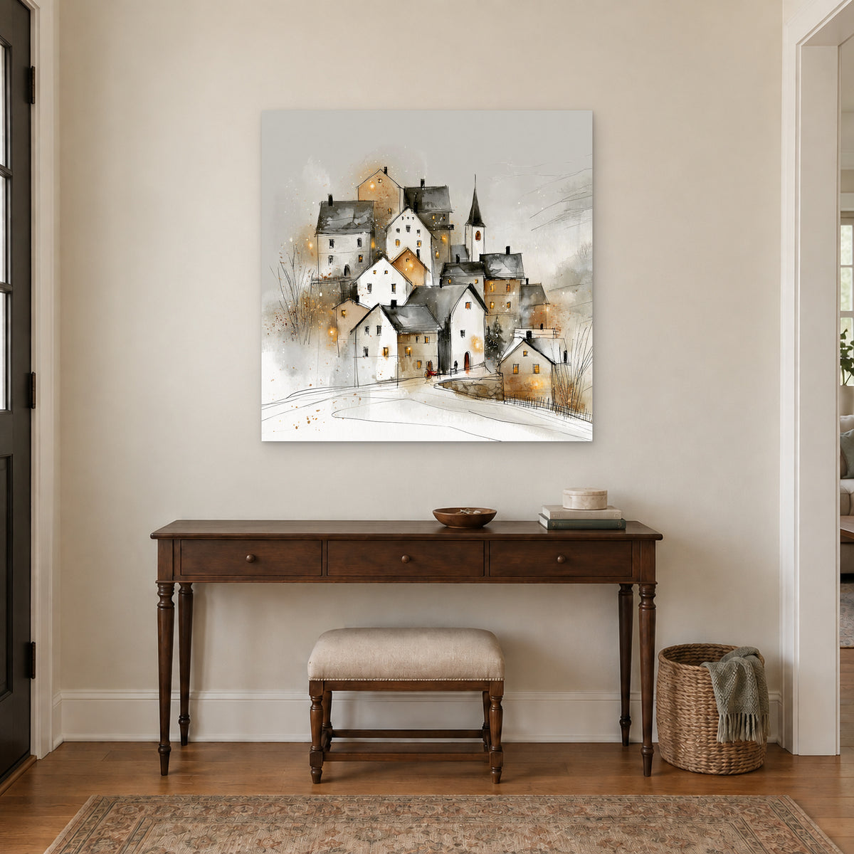 Zermatt Spire and Red Handcart canvas wall art above a dark wood console table and upholstered bench in an entryway