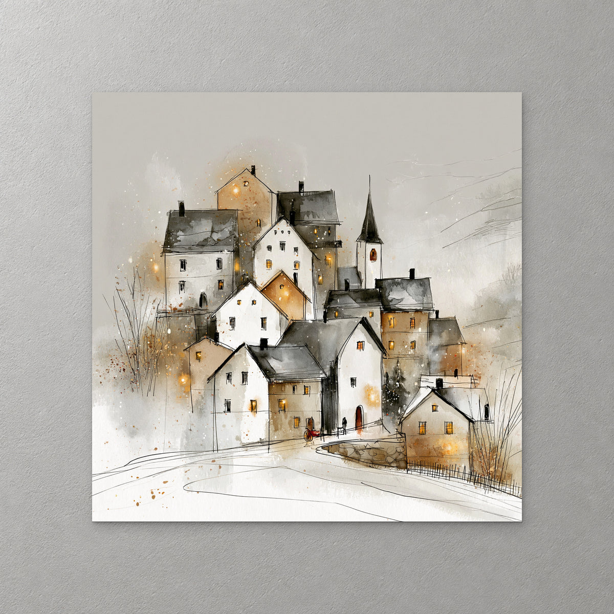 White and grey houses with lit windows gather around a tall church spire on a snowy hill, with a small red handcart among them — canvas wall art print