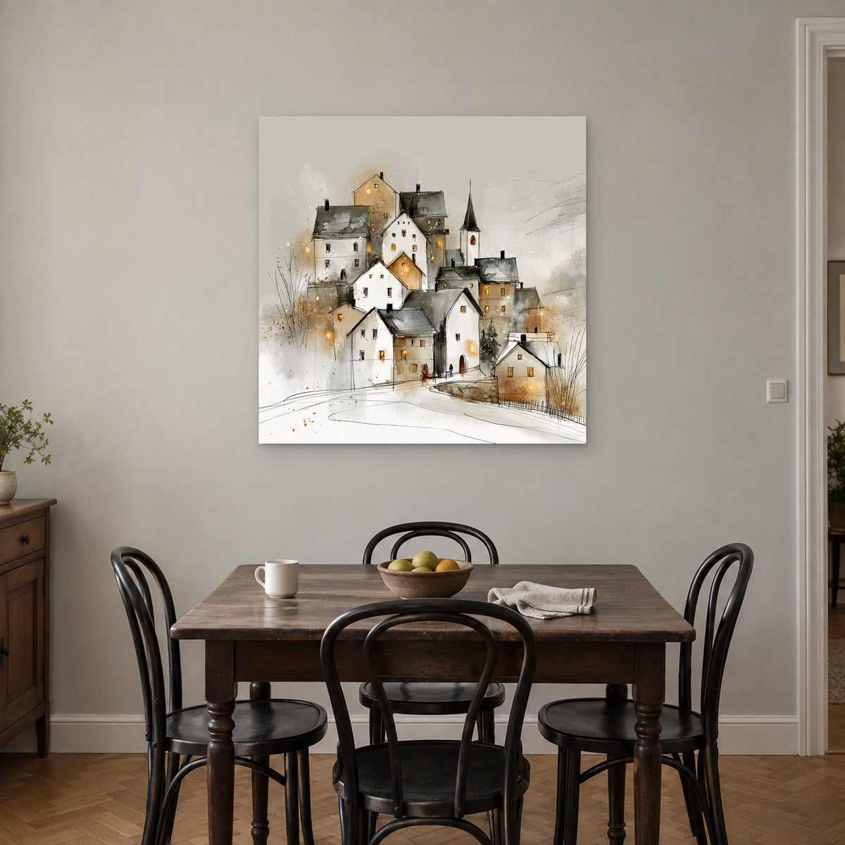 Zermatt Spire and Red Handcart canvas wall art above a small wooden dining table with black bentwood chairs