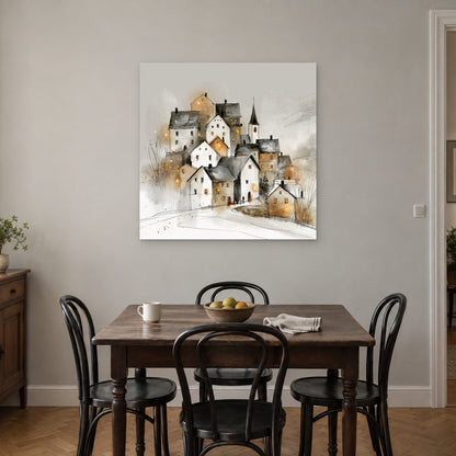 Zermatt Spire and Red Handcart canvas wall art above a small wooden dining table with black bentwood chairs