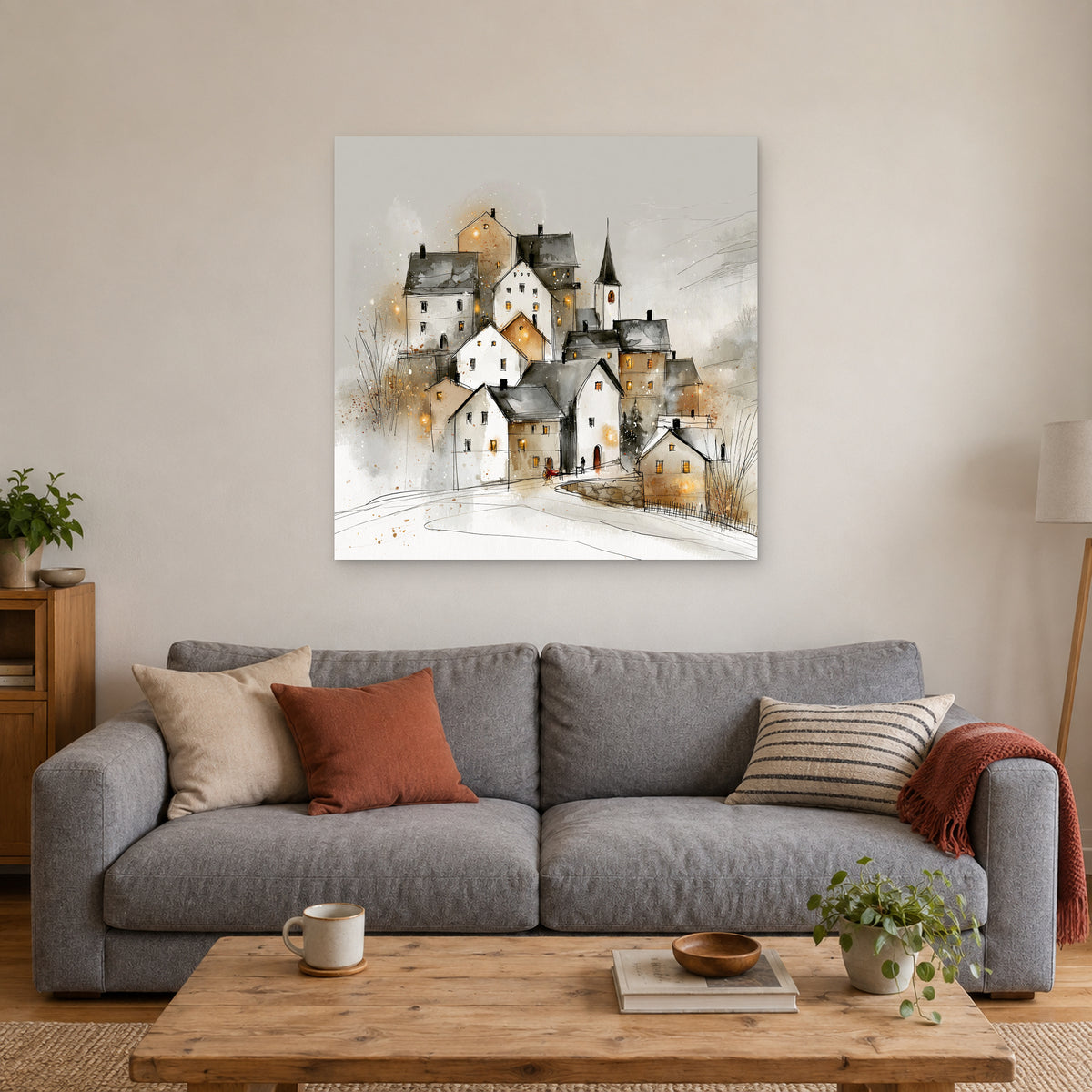 Zermatt Spire and Red Handcart canvas wall art above a grey sofa with rust and striped cushions