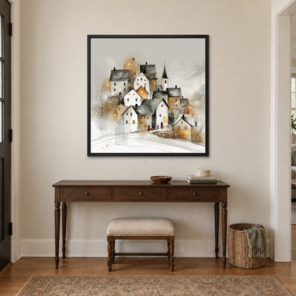 Zermatt Spire and Red Handcart framed canvas in a black floating frame above a dark wood console table and upholstered bench