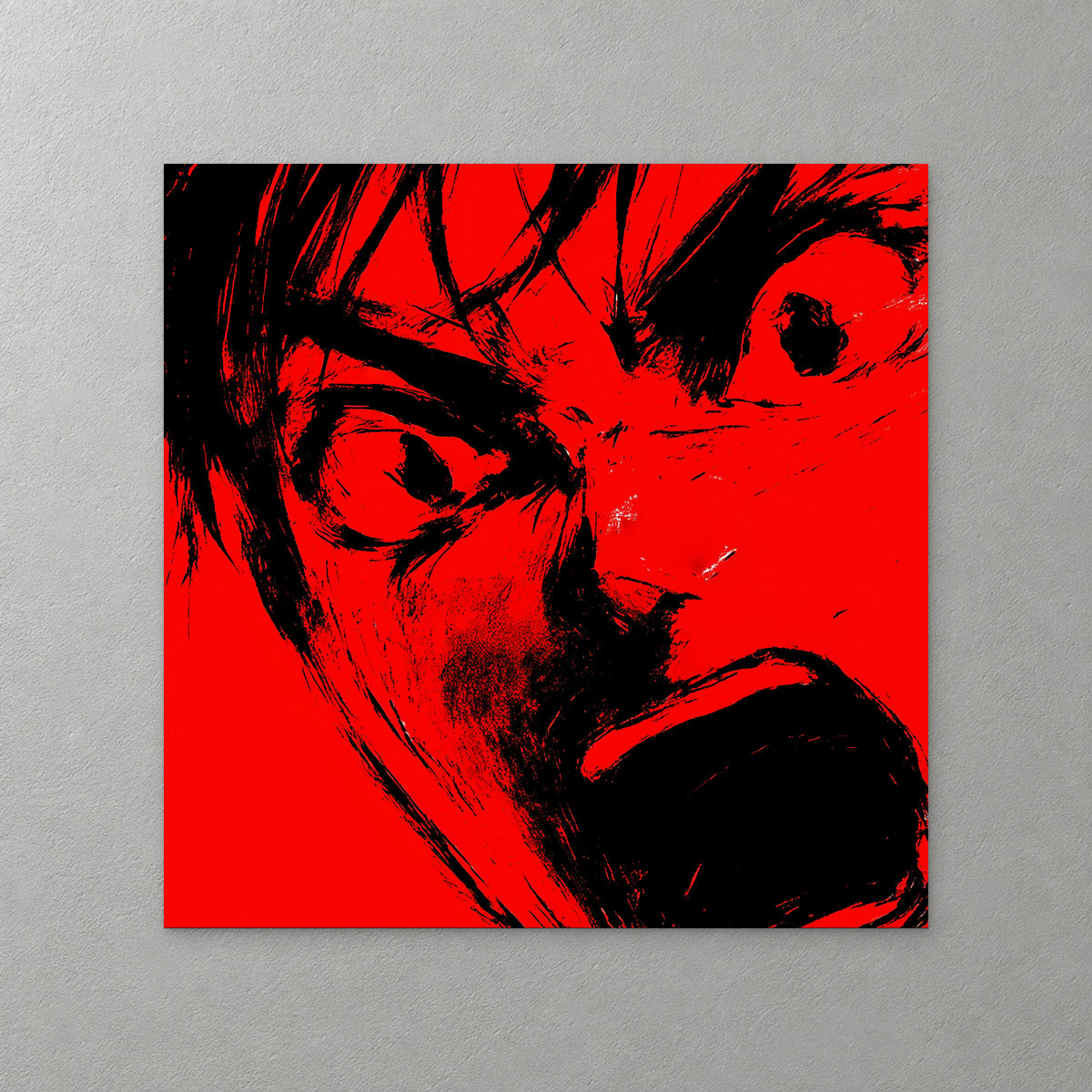 A furious anime face with wide eyes and an open, shouting mouth, drawn in heavy black brushstrokes on solid red — canvas wall art print