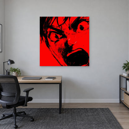 Anime Rage in Black and Red canvas wall art above a light wood desk with a black office chair in a home office