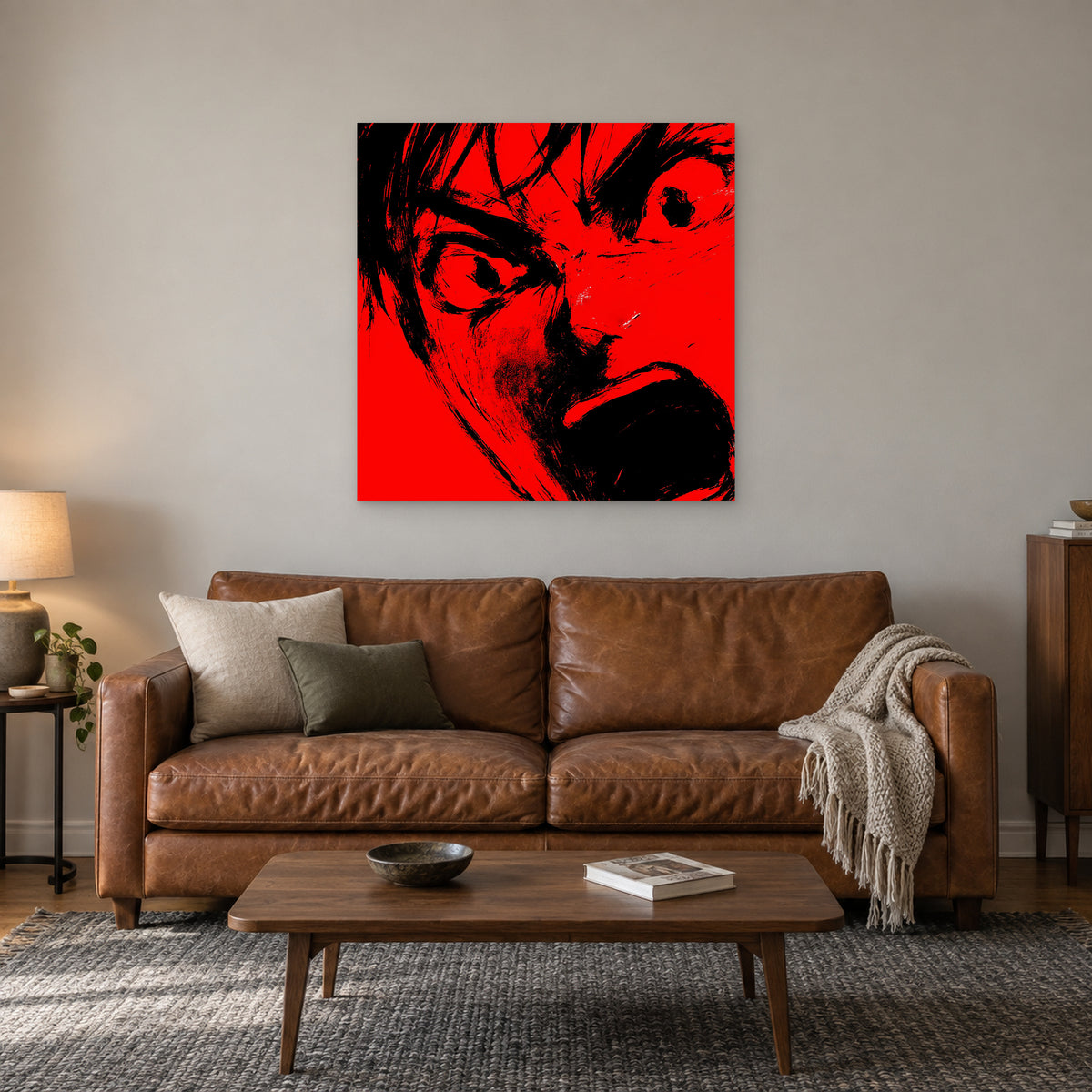 Anime Rage in Black and Red canvas wall art above a cognac leather sofa with a wooden coffee table