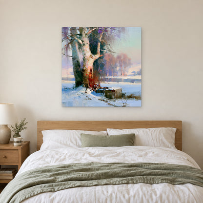 Birches on the Frozen River canvas wall art above a bed with white linens and a sage throw