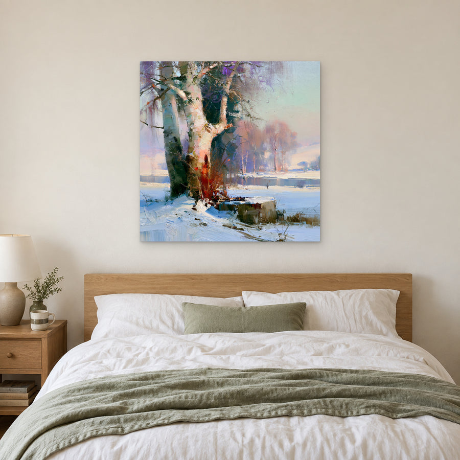 Birches on the Frozen River canvas wall art above a bed with white linens and a sage throw