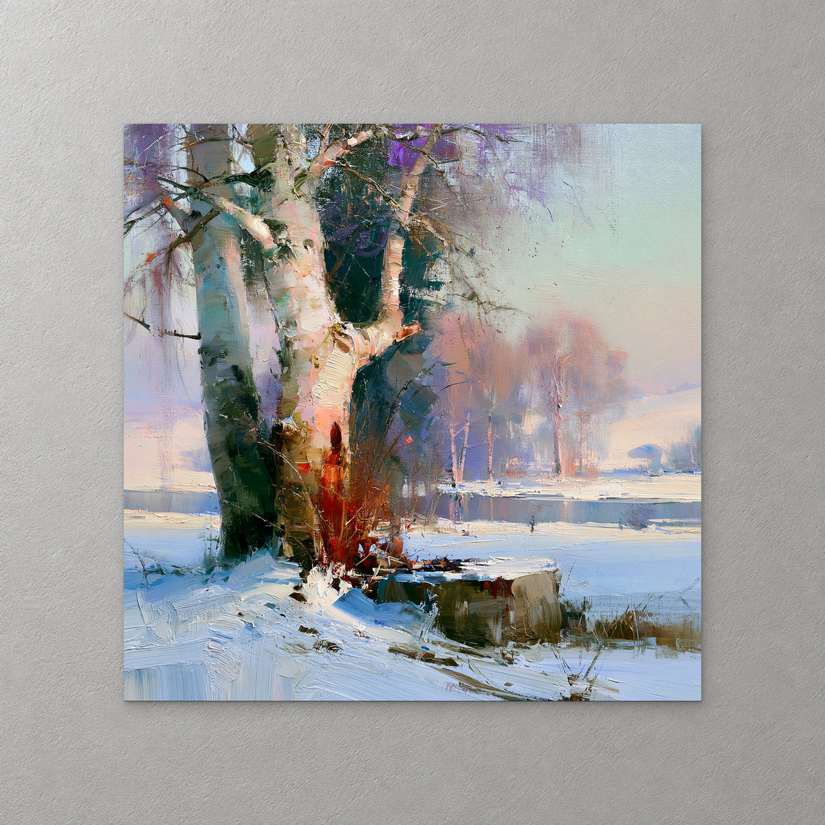 Pale birch trunks rise over red-orange undergrowth beside a snowy frozen river, with pink-tinged trees and soft lilac and blue in the distance — canvas wall art print