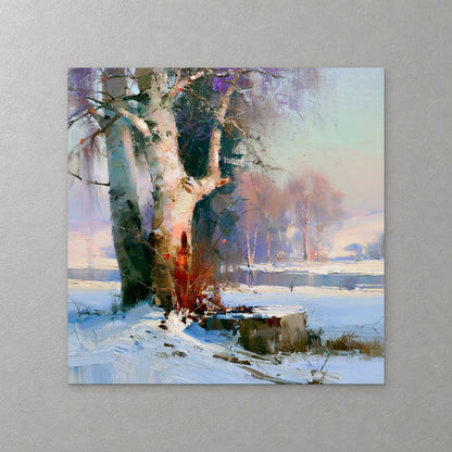 Pale birch trunks rise over red-orange undergrowth beside a snowy frozen river, with pink-tinged trees and soft lilac and blue in the distance — canvas wall art print
