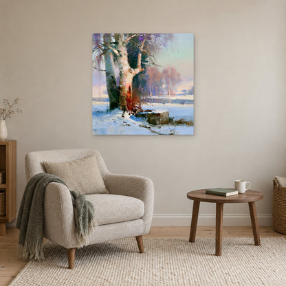 Birches on the Frozen River canvas wall art above a cream armchair and round wooden side table