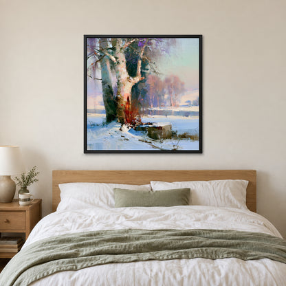 Birches on the Frozen River framed canvas in a black floating frame above a bed with white linens and a sage throw