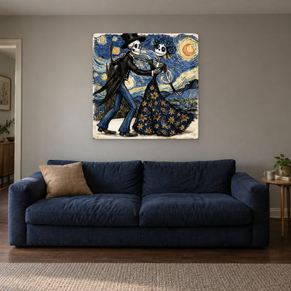 Skeletons Dancing Under Stars canvas wall art above a navy sofa in a living room