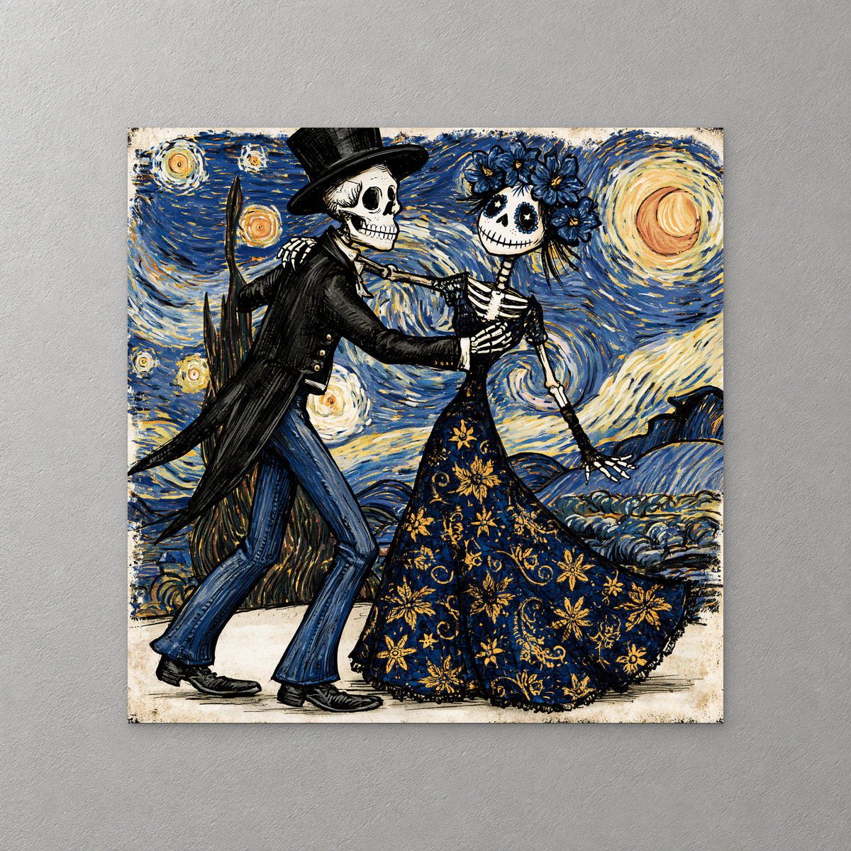 A skeleton couple dances beneath a swirling blue starry sky and a yellow moon, one in a top hat and the other in a floral gown — canvas wall art print