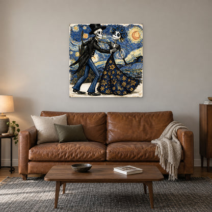 Skeletons Dancing Under Stars canvas wall art above a cognac leather sofa with a wooden coffee table