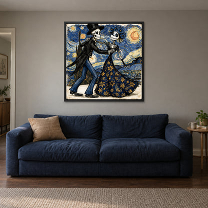 Skeletons Dancing Under Stars framed canvas in a black floating frame above a navy sofa
