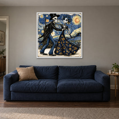 Skeletons Dancing Under Stars framed canvas in a white floating frame above a navy sofa