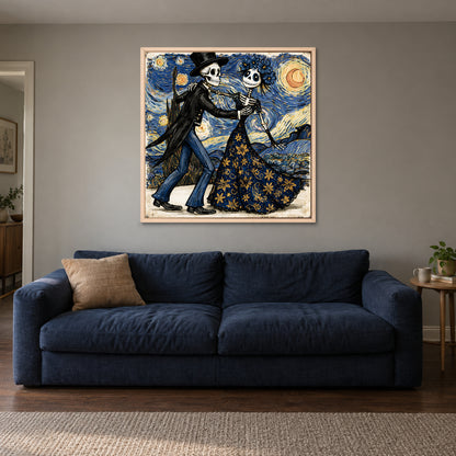 Skeletons Dancing Under Stars framed canvas in a natural wood floating frame above a navy sofa